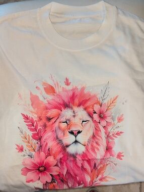 White T-Shirt with Pink Floral Lion Graphic - XL Ladies